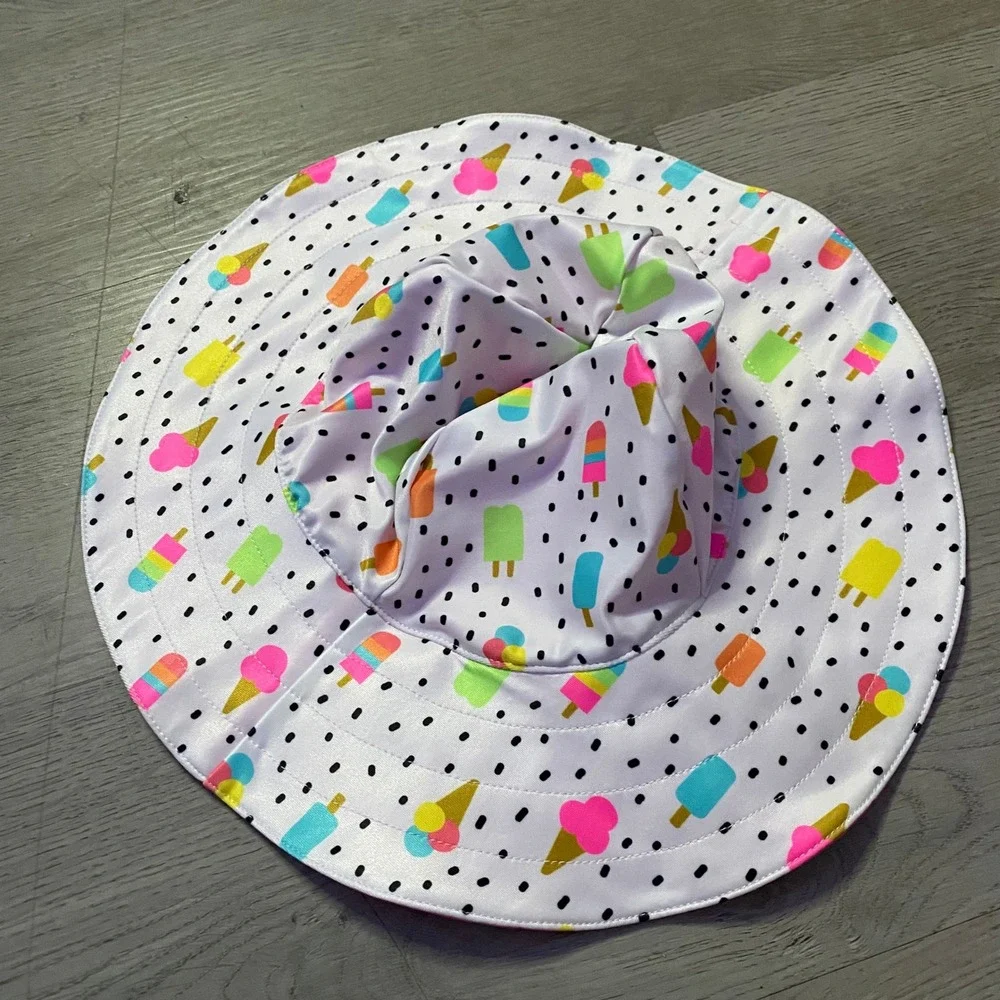 Reversible Sun Hat Baby Toddler OS White Pink Ice Cream Polka Dot Wide Brim